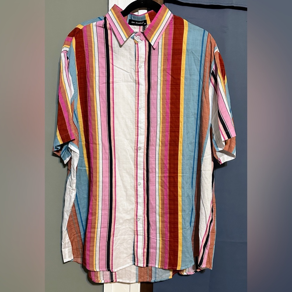 🆕 Lars Amadeus Vertical MultiColored Striped Short Sleeve Button Down Shirt 3XL